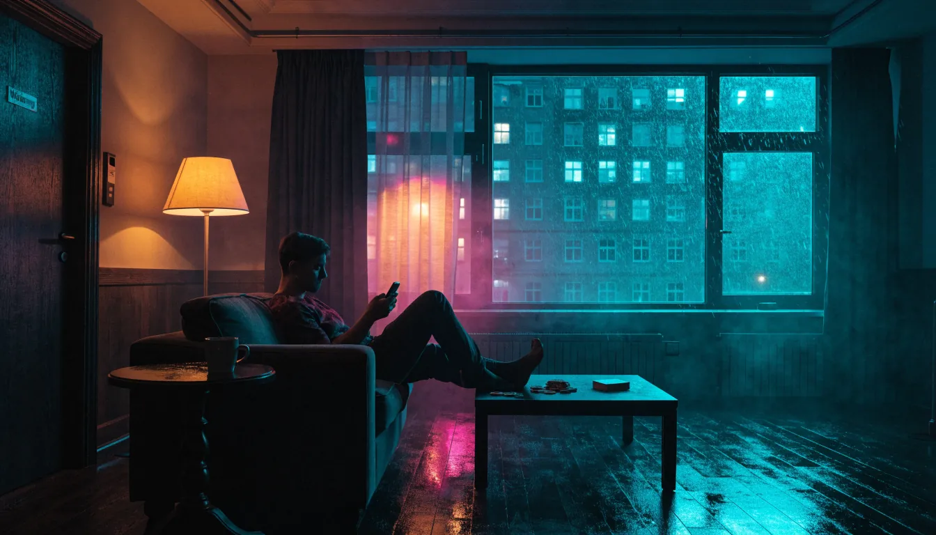 Gemütliches Wohnzimmer bei Regen mit Person und Smartphone