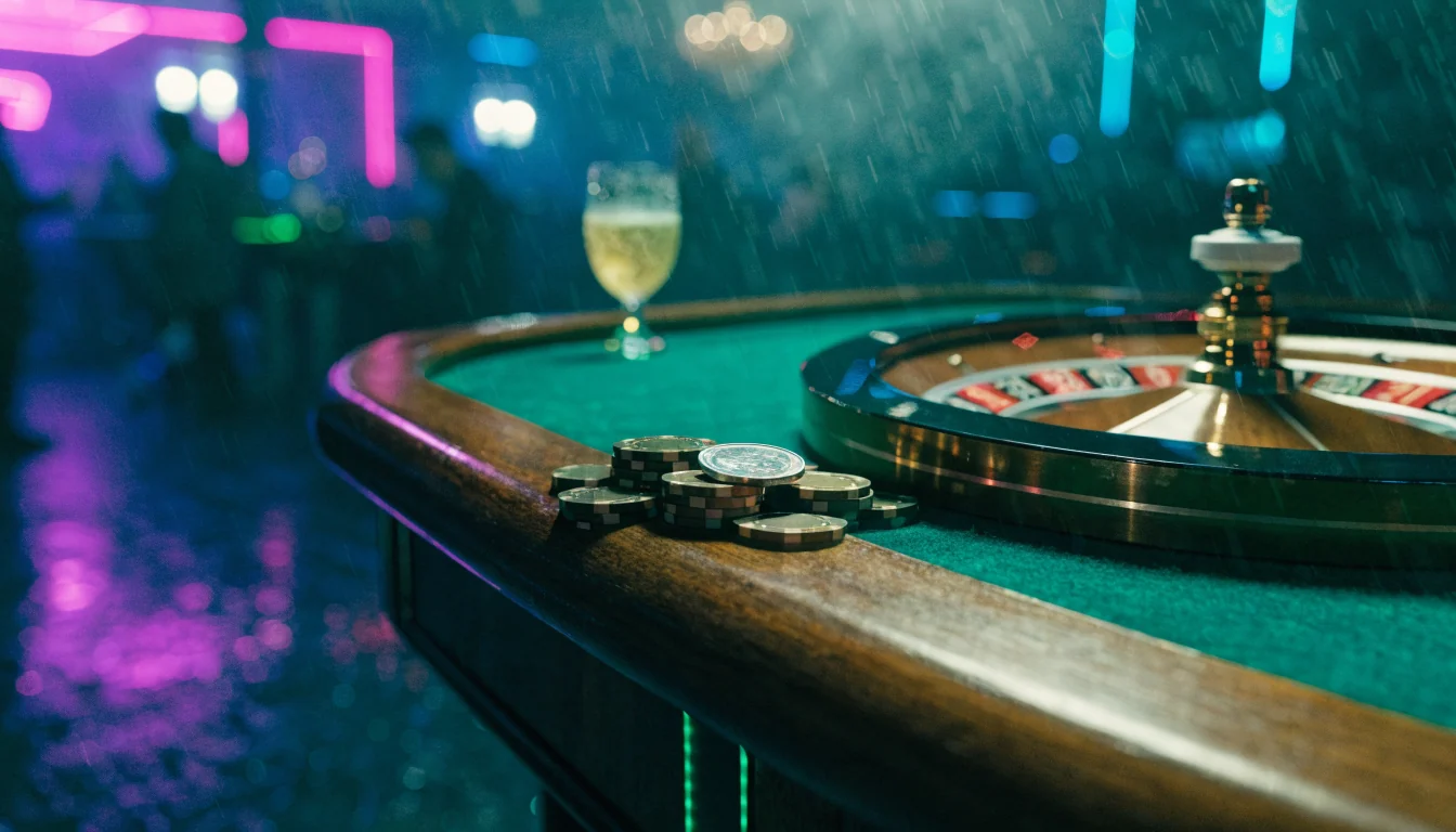 Casino-Tisch mit goldenen Chips, Münze und Roulette-Rad