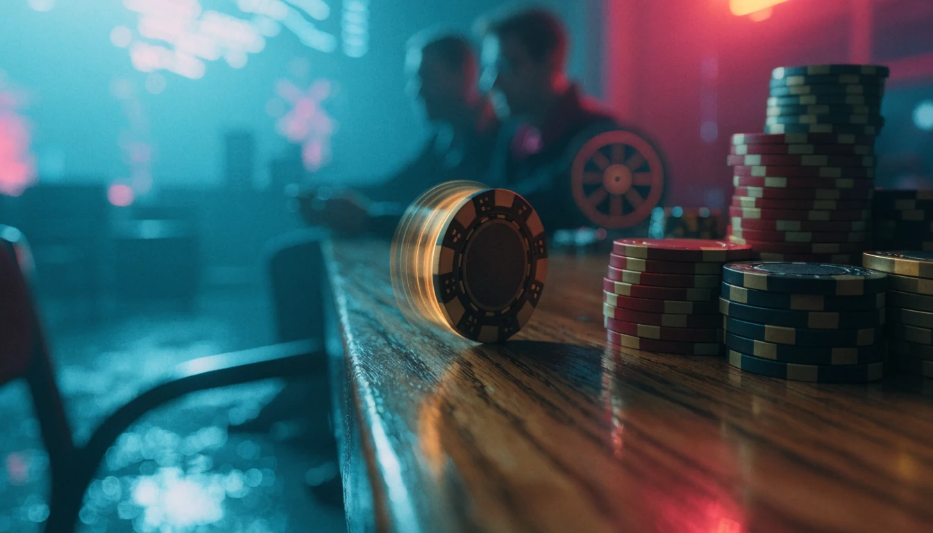 Stapel von Casino-Chips auf einem Holztisch im Spielsaal
