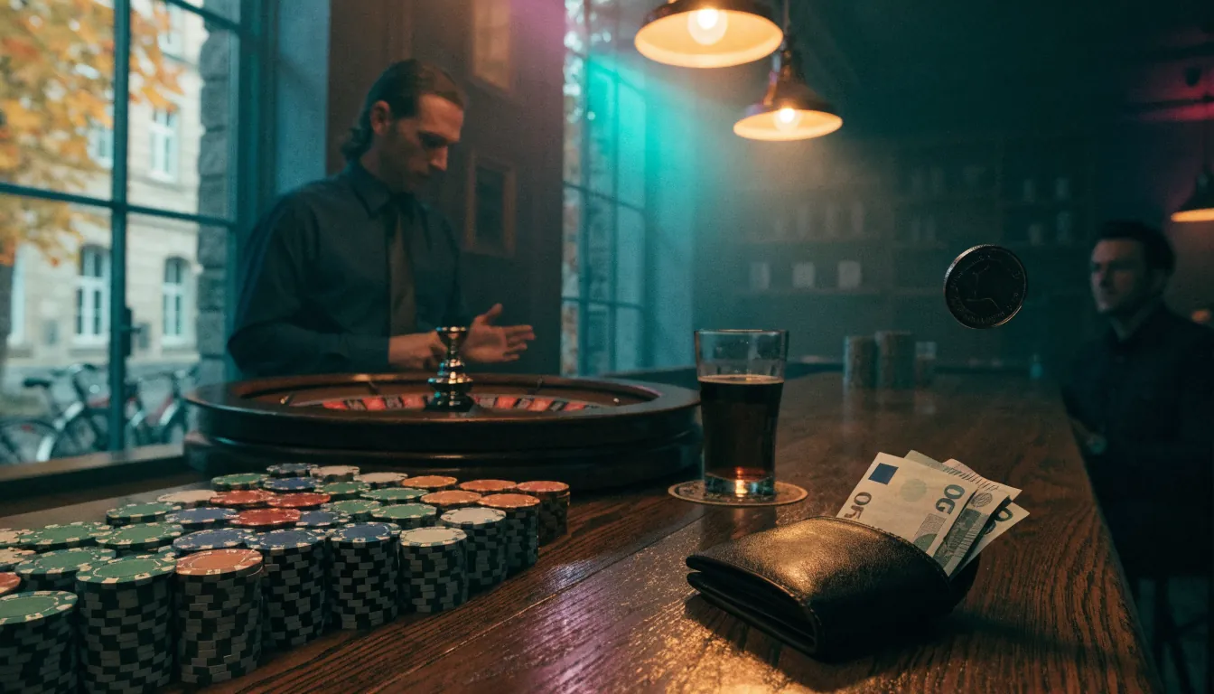 Deutsche Casino-Lounge mit Roulette, gestapelten Chips und zurückgegebenem Bargeld.