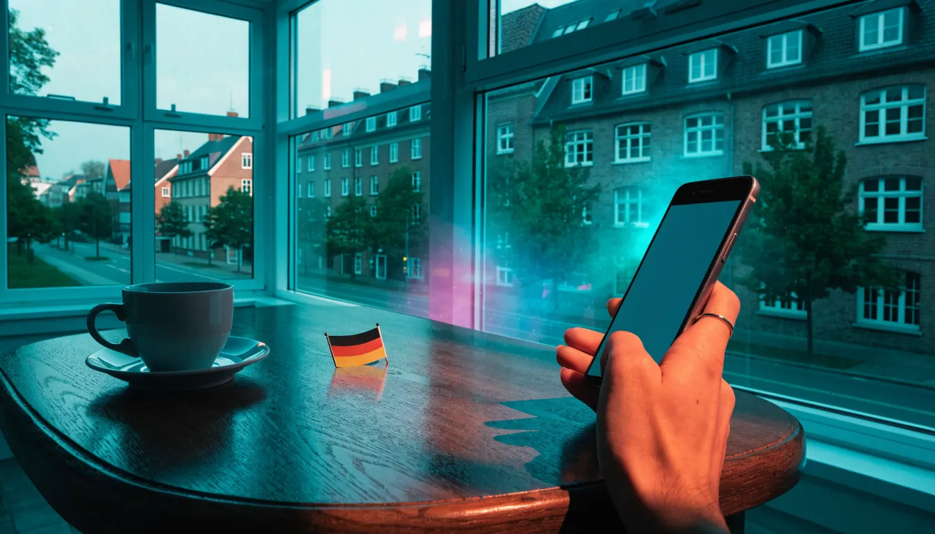 Smartphone auf einem Tisch in einer modernen Wohnung mit deutscher Stadtkulisse.