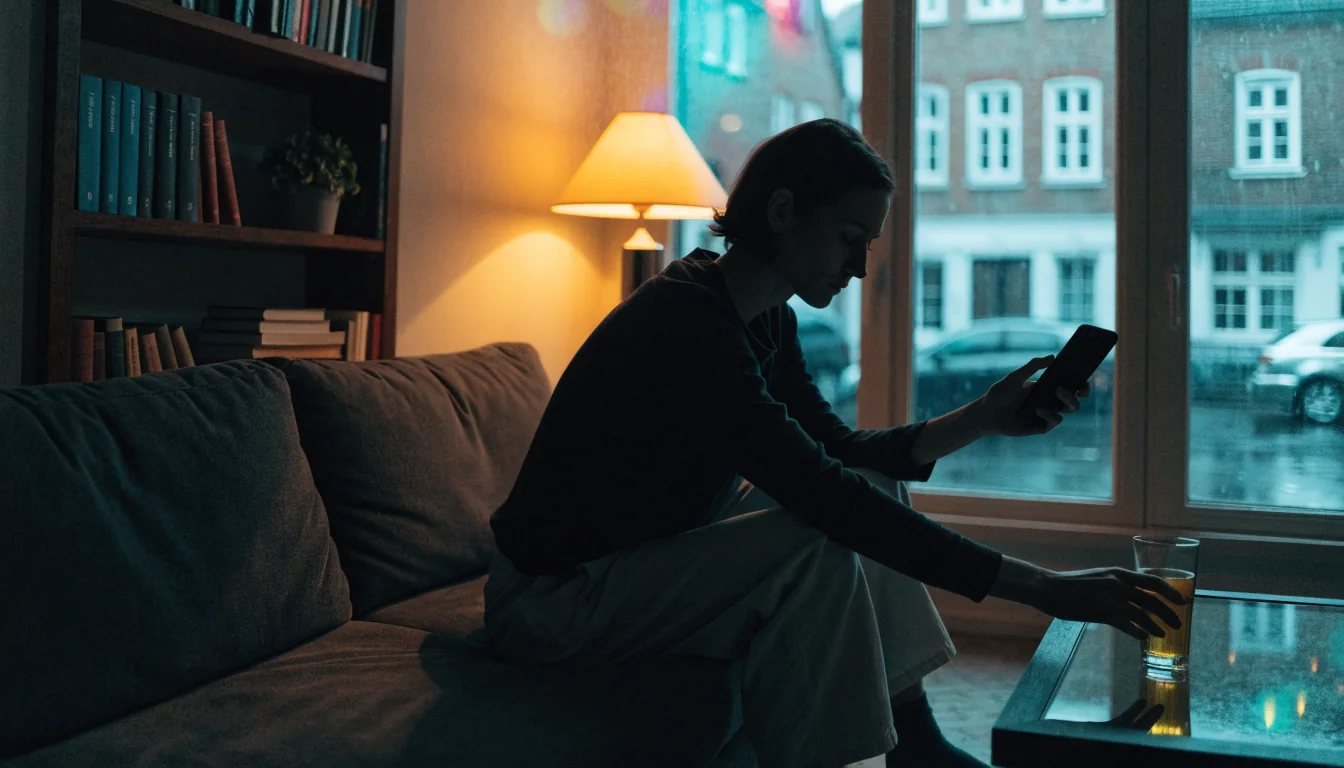 Gemütliches deutsches Wohnzimmer am Abend mit Person auf dem Sofa und Smartphone in der Hand
