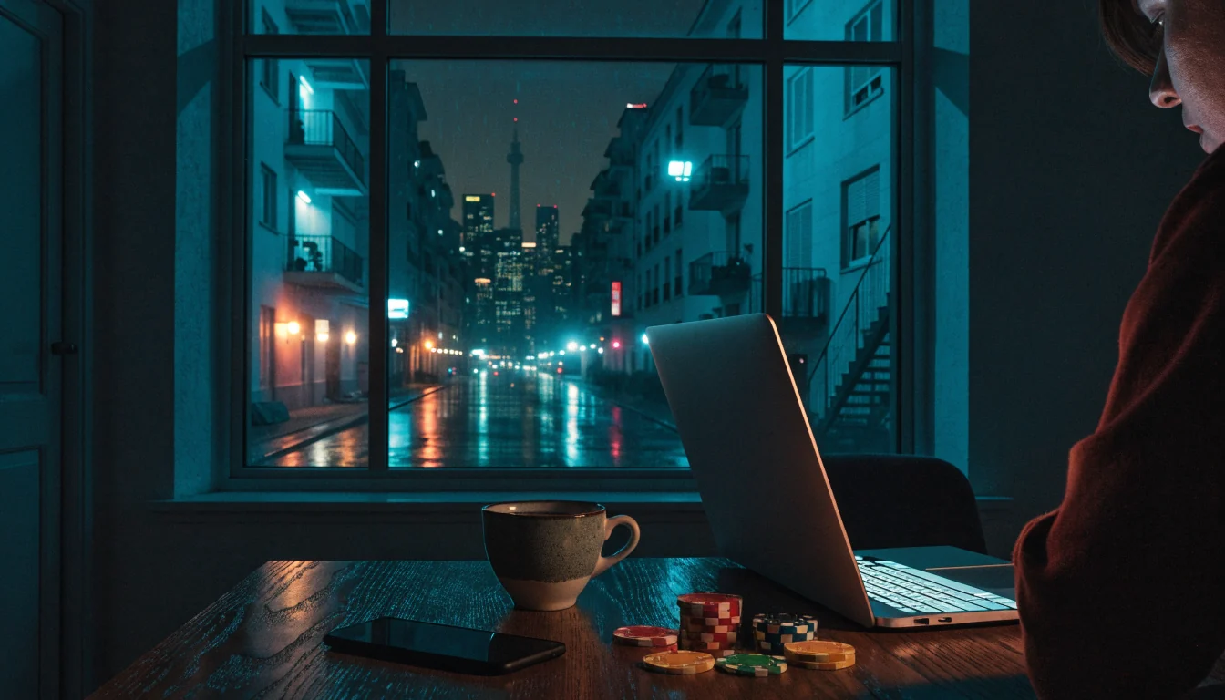 Abendliche Szene in einer deutschen Wohnung mit Laptop, Smartphone und Casino-Chips auf dem Schreibtisch.