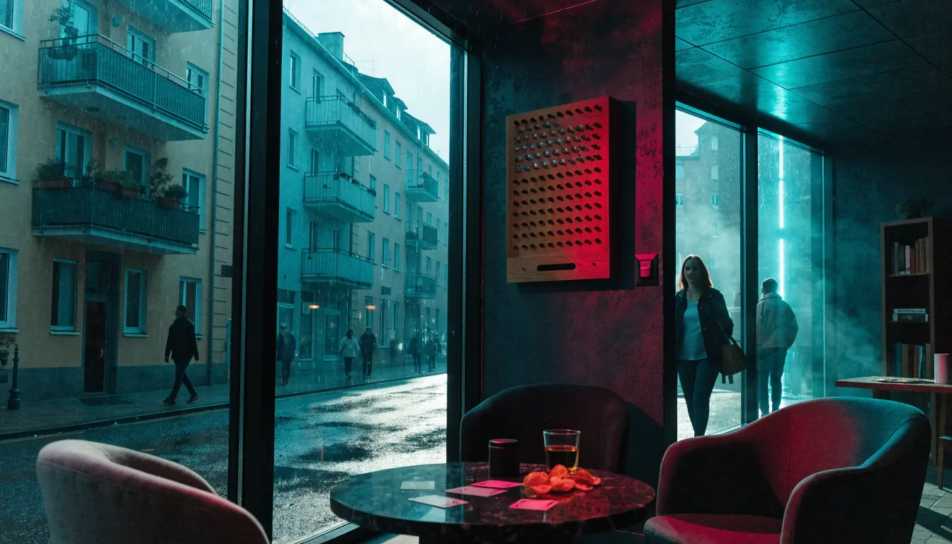 Modernes Wohnzimmer mit Plinko-Brett, Spielchips und deutschem Stadtblick.