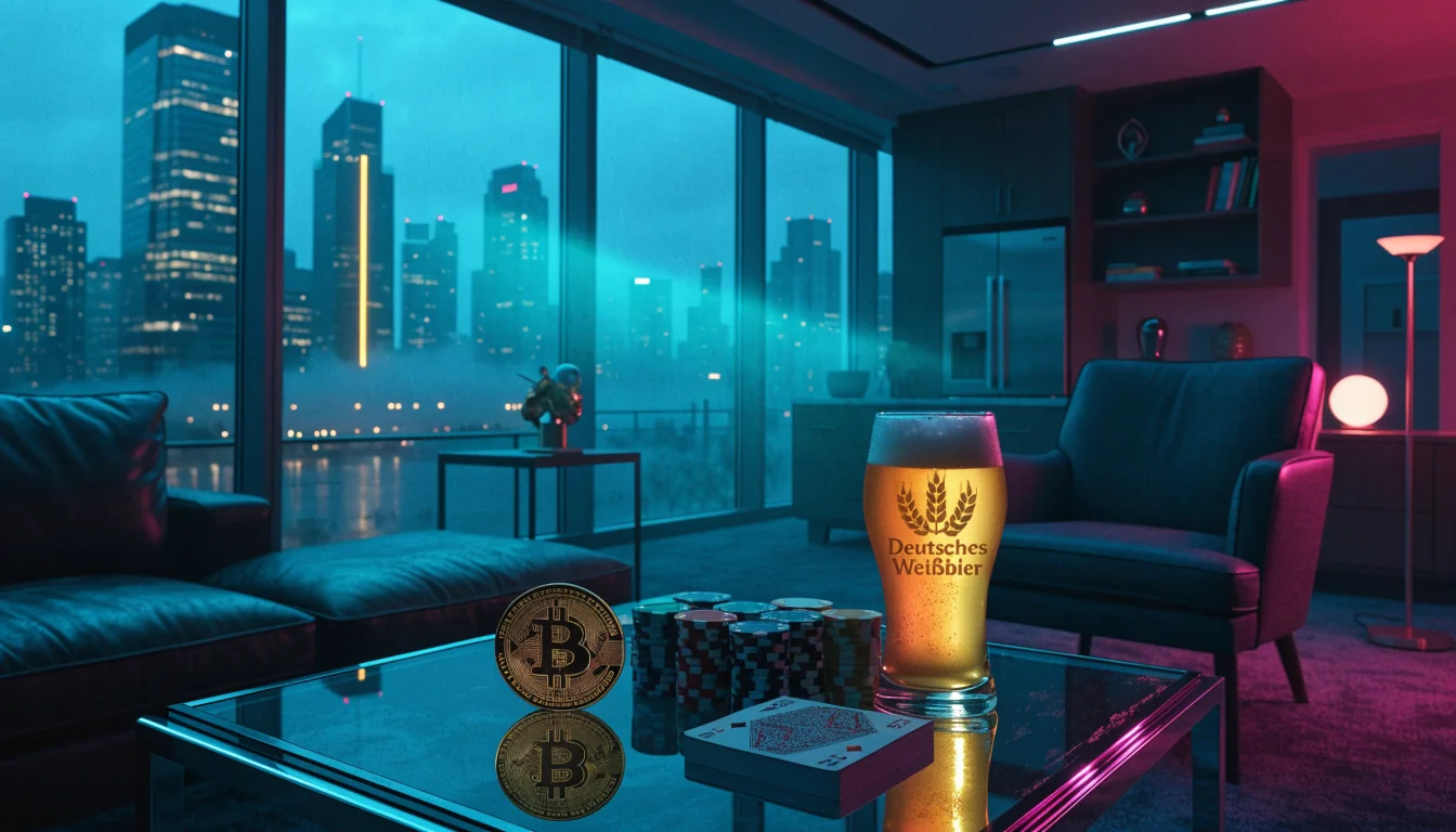Modernes deutsches Apartment bei Dämmerung mit Bitcoin-Münze, Casino-Chips und Kartenspiel auf einem Glastisch vor der Frankfurter Skyline.
