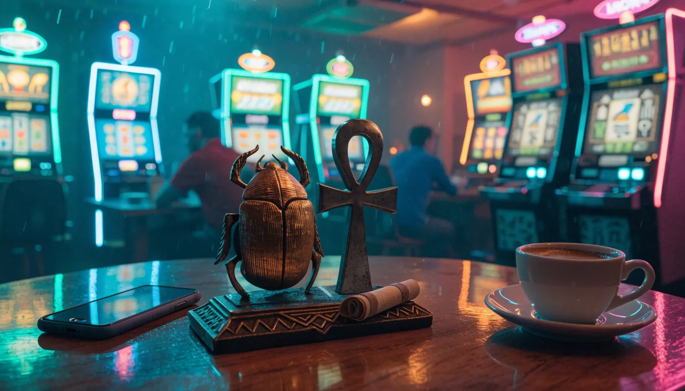 Deutsches Casino-Lounge mit ägyptischem Skarabäus-Amulett auf einem Tisch