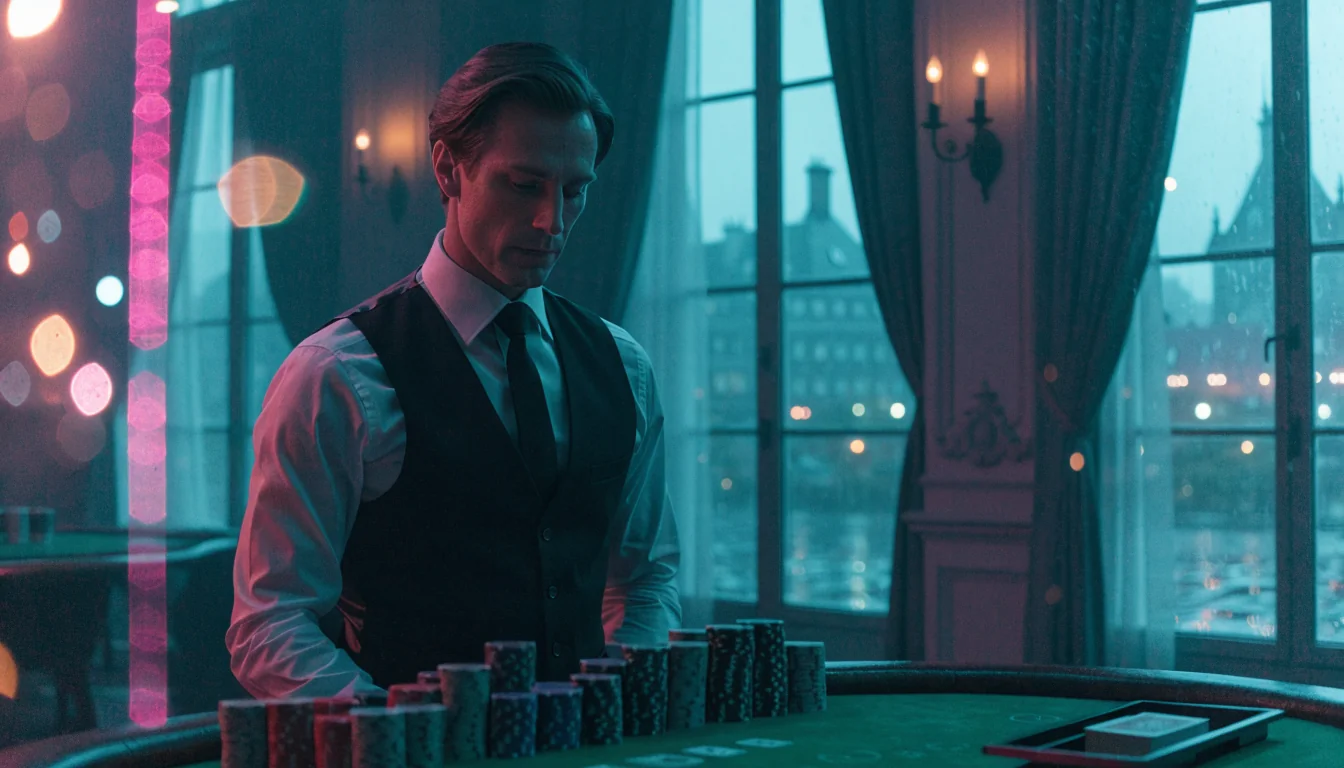 Deutscher Croupier am Blackjack-Tisch in elegantem Studio