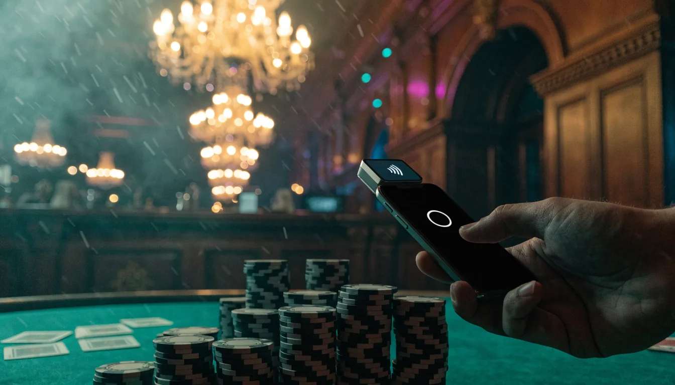 Smartphone kontaktlos an einem Spieltisch mit Casino-Chips und Kartenterminal in elegantem Casino.