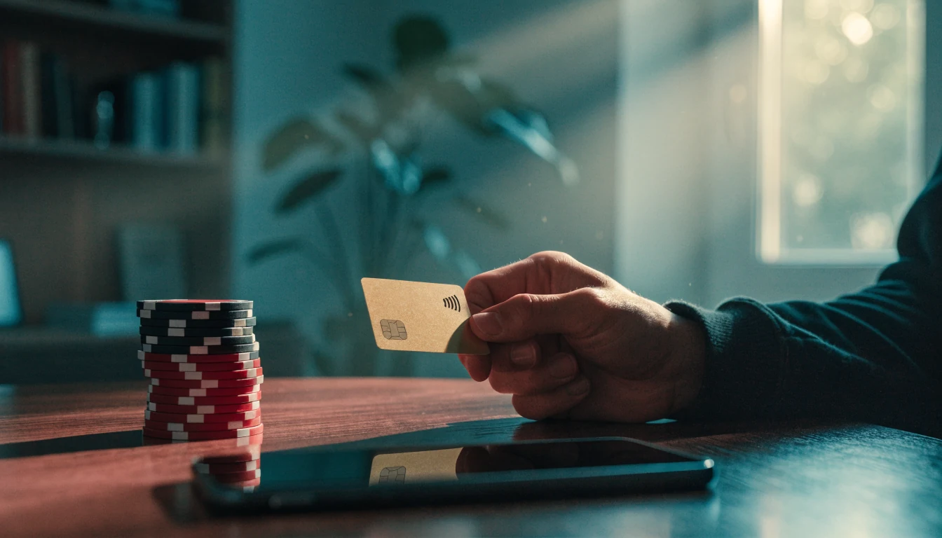 Nahaufnahme von gestapelten Casino-Chips und kontaktloser Zahlungskarte auf einem Tisch in modernem deutschen Wohnzimmer.