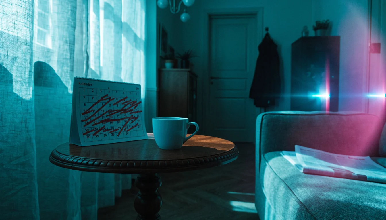 Tischkalender mit 90 markierten Tagen neben Kaffeetasse in deutschem Wohnzimmer