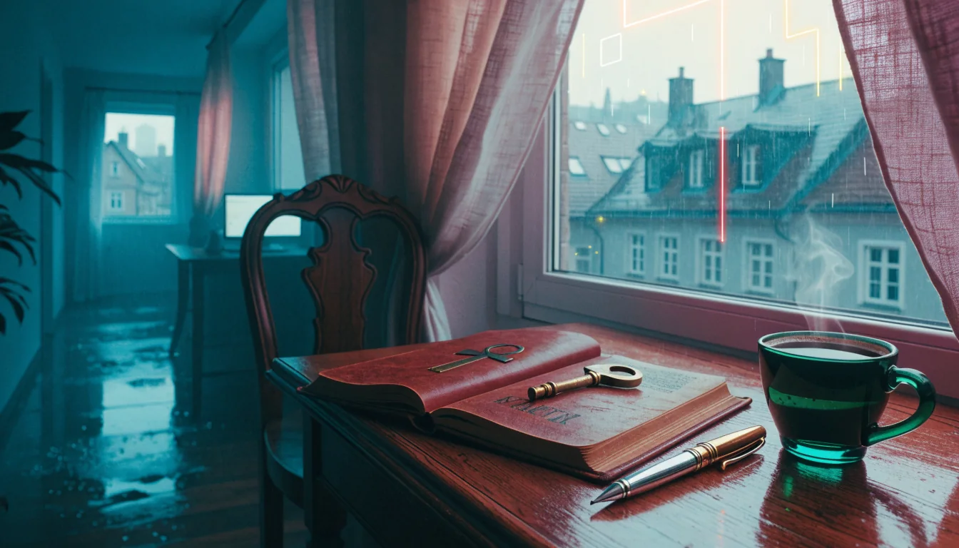 Schreibtisch mit Notizbuch, Schlüssel und Kaffeetasse in deutscher Wohnung