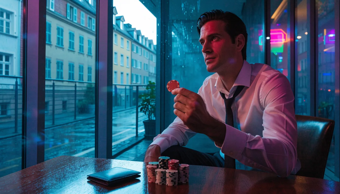 Mann hält Casino-Chip am Tisch bei Tageslicht in deutscher Wohnung.