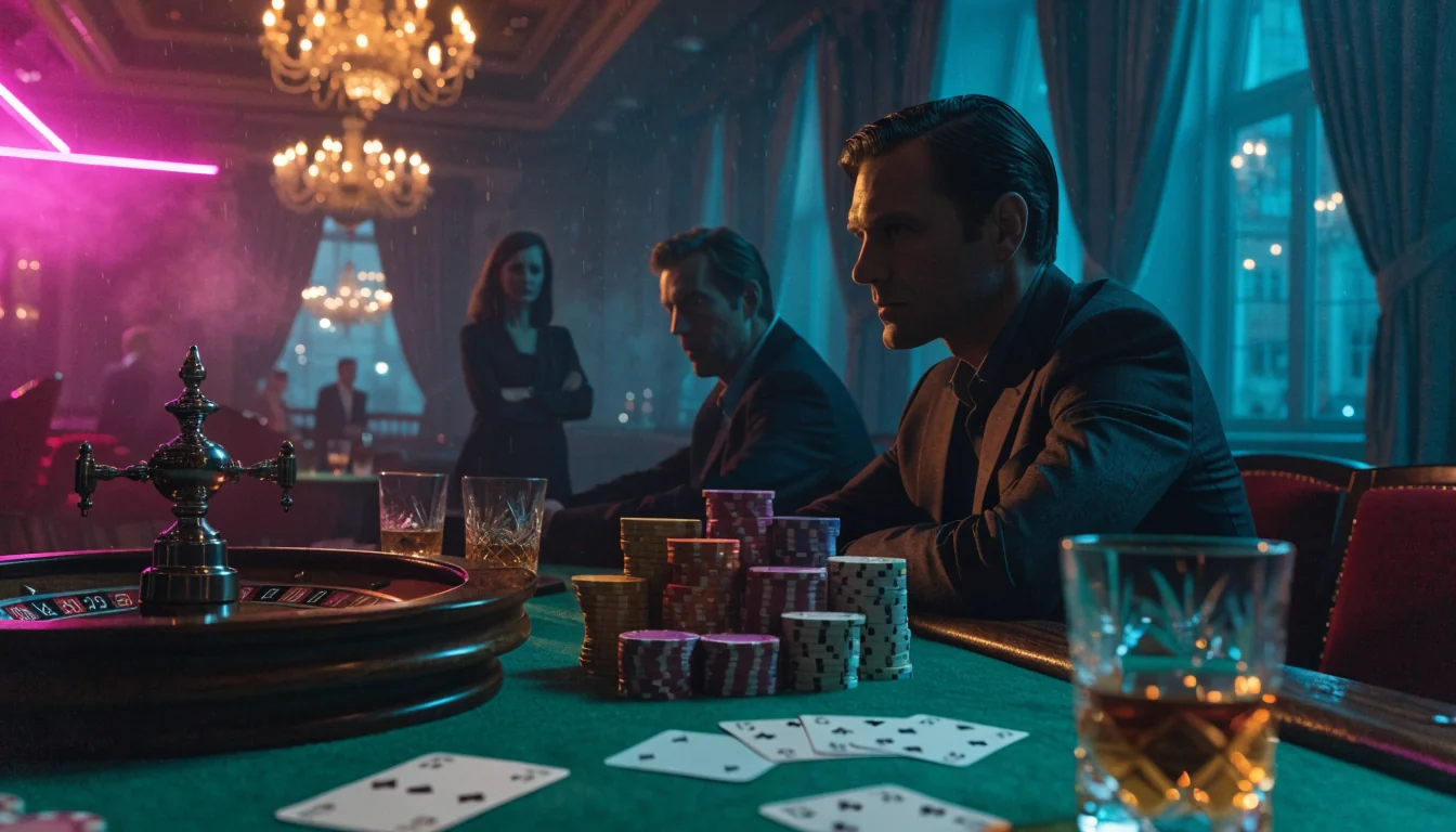 Eleganter Casino-Tisch mit Stapeln von Spielchips, Rouletterad und Spielkarten unter warmem Kronleuchter.